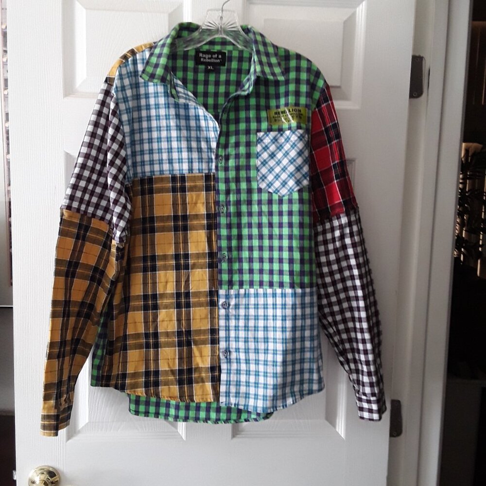 EUC Rage of a Rebellion Plaid Long Sleeve Patchwork Detail Button Down Shirt XL